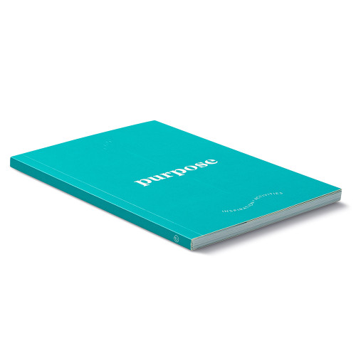 Side view, turquoise blue softcover, activity journal, "True Purpose", a collection of exercises, prompts, vignettes, and quotes