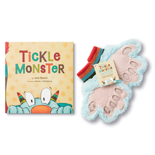 Tickle Monster book and blue tickle monster mitts. 