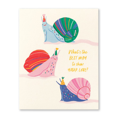 The front of the card has a beige background with three snails spread out over the entirety of the card, and a quote written on the middle right side. 