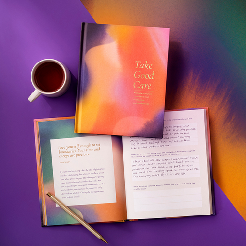 This photo features "Take Good Care: Prompts to explore your well-being, boundaries, and possibilities" guided journal and activity book. A journal is opened to a page with prompts and includes a quote from Anna Taylor, "Love yourself enough to set boundaries. Your time and energy are precious."