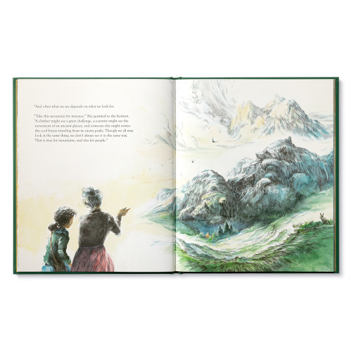 Inside the book "Noticing", showing an image on the right side, and a passage from the story on the left. 