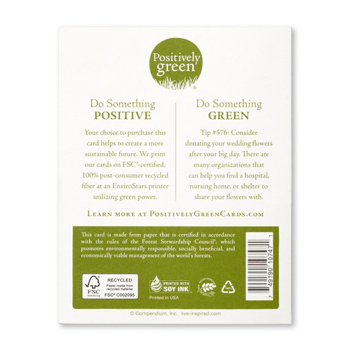The back cover features a description of the card, along with a green stamp saying "Positively Green". 