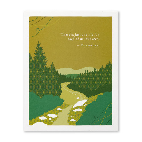The front cover of this card features a green background, with a forest and valley in the middle, and a quote written on the top. 