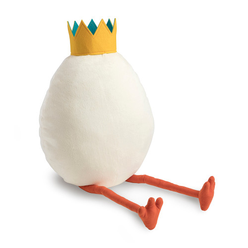Front view of "Idea" plush, a white egg with a yellow crown and orange feet. 