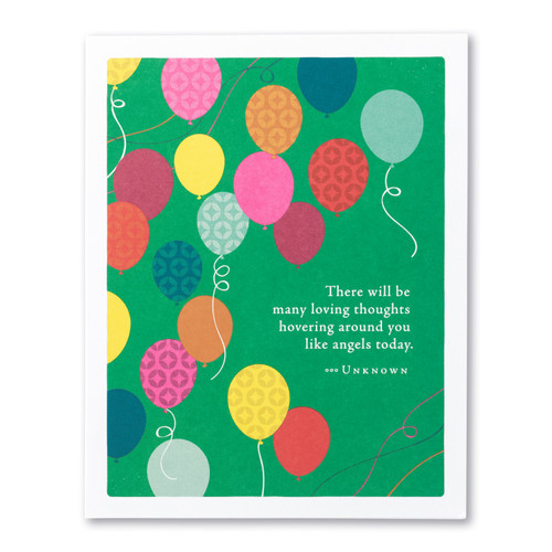 The front of this card has the picture of balloons, and a green background with the title, “Take your pleasure seriously.”