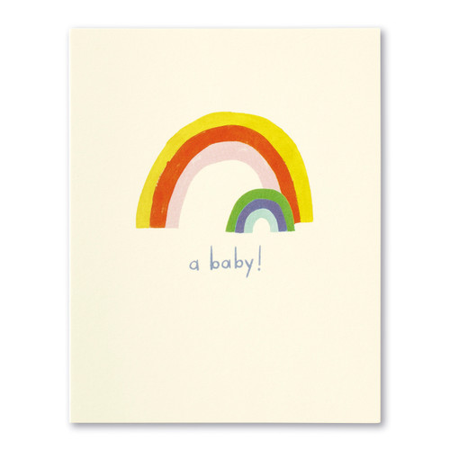 The front of this card has the picture of two rainbows, and a beige background with the title, "A Baby!". 