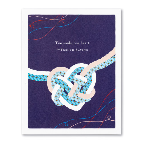 The front of this card has the picture of a knot, and a dark blue background with the title, “Two souls, one heart”