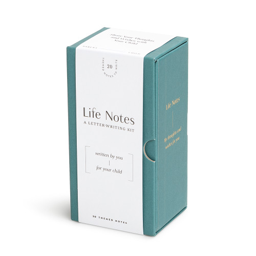 A letter-writing kit titled "Life Notes" for you to share your thoughts and wishes with your child and deepen the bond between you. Notes come in an elegant beautiful green keepsake box