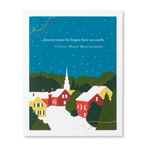This card shows a blue background with houses and trees at the bottom, and a quote on the top. 