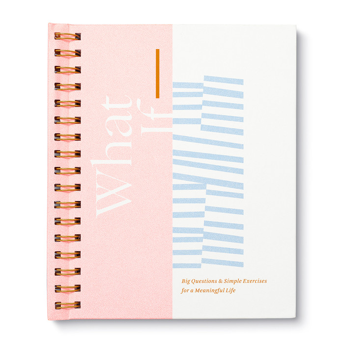 The cover of this spiral journal has a pink and white background, with the title "What If" on the left side, and blue shapes on the right.