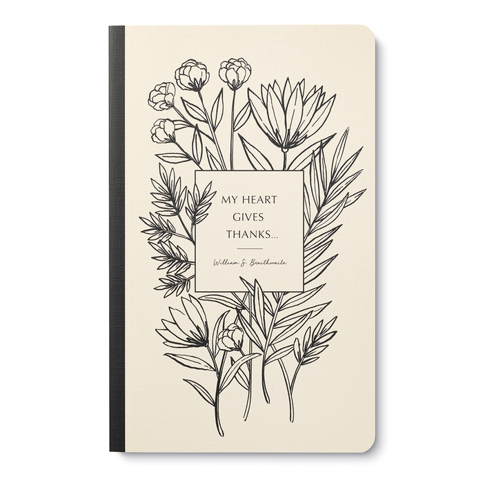 The front cover of the book has a floral border around the title, "My Heart Gives Thanks".
