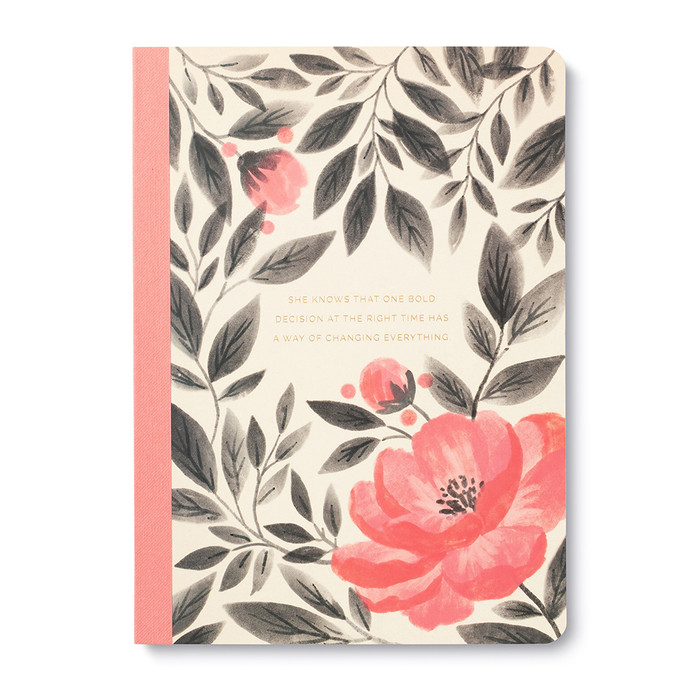 The front cover of the book has a floral background with the title "She Knows That One Bold Decision at the Right Time..." written in the middle. 