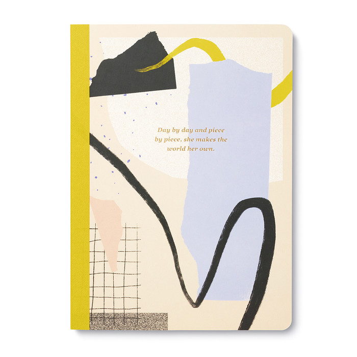 A colorful, artistic composition notebook. The cover features the statement, “Day by Day and Piece by Piece, She Makes the World Her Own.”
