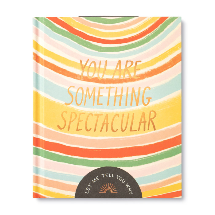 The front cover of the fill-in, friendship gift book, "You Are Something Spectacular: Let Me Tell You Why", features the title in the center, and a bright, rainbow, sun burst striped background.