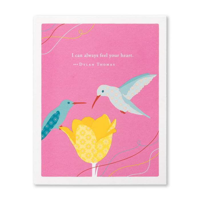 The front cover of this card features a pink background, with two hummingbirds and a flower, and a quote written on the top. 