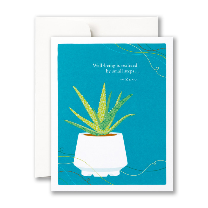 Image shows an envelope and the front of a get well card. Illustration by Jessica Phoenix features a blue-green background with a succulent plant in a white pot and the quote "Well-being is realized by small steps... -Zeno