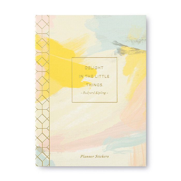 The front view of the planner has the title in the center, "Delight in the little things" featuring a yellow, pink, and blue background.