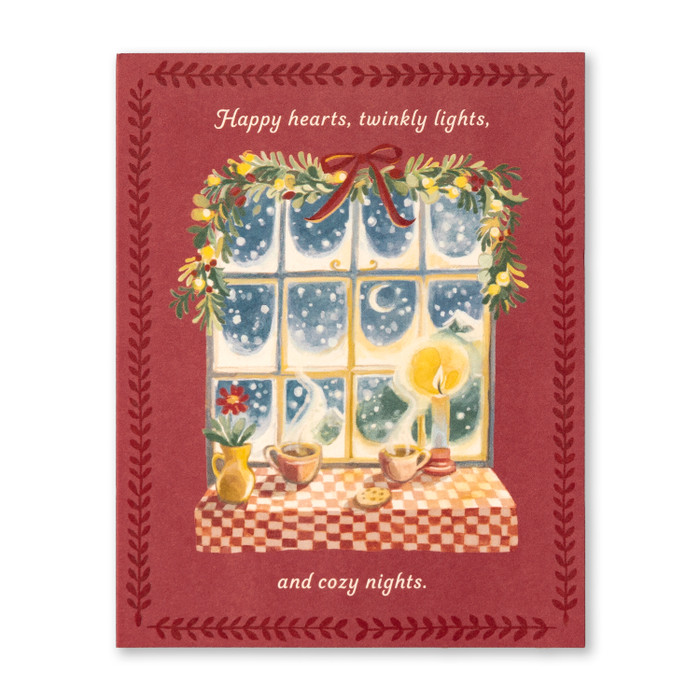 Holiday Card: Happy hearts, twinkly lights, and cozy nights.