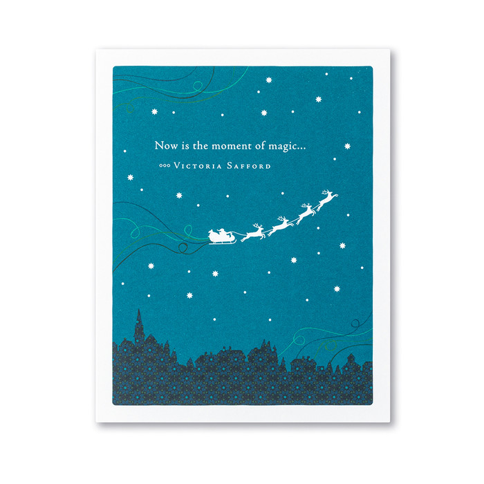 The front of this card has the picture of the night sky, and a blue background with the title, “Now is the moment of magic”