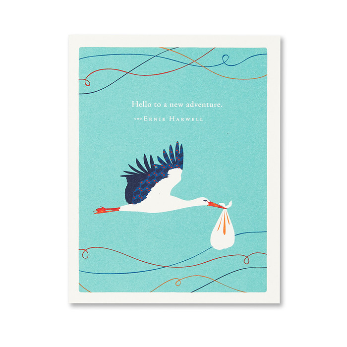 This image shows a baby card with envelope. The card is illustrated by Jessica Phoenix and has a stork holding a bundle on a blue background with the quote, “Hello to a new adventure.” —Ernie Harwell