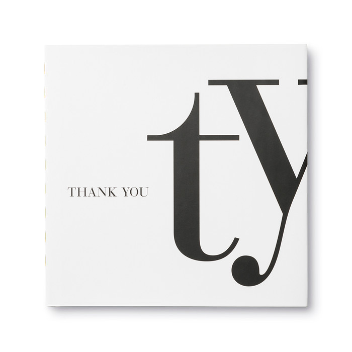 The front cover of this quote filled, appreciation gift book has a white background with the title "Thank You" and large typewriter font letters, "TY", artfully designed.