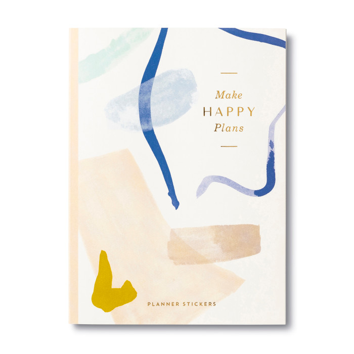 The front view of the planner has the title in the center, "Make Happy Plans" featuring a beige, pink, and blue background. 