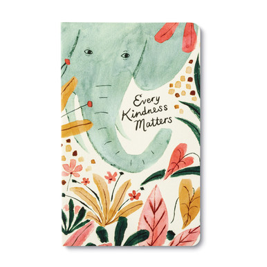 The front cover of this softcover journal has an illustration of an elephant surrounded by bright yellow, pink and orange foliage, with the statement, "Every kindness matters".