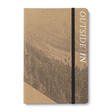 A softcover nature activity book with the title Outside In. The bellyband reads, “Questions, Quotes, and Activities to Connect You to Nature. “