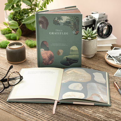 Lifestyle photo of the guided journal "This is Gratitude: Activities to help you see the good that's all around you".  Journal is open to a page with prompts and has space to write your reflections, and the opposite page has an artful, beautiful design. 