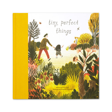 Front of Tiny, Perfect Things, featuring two people walking through a garden in the background. 