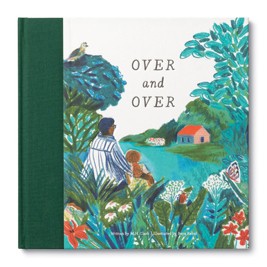 Front cover of the children's novel "Over and Over" by M.H. Clark, featuring the title in the center of the book, and a parent and child sitting on a field together. 