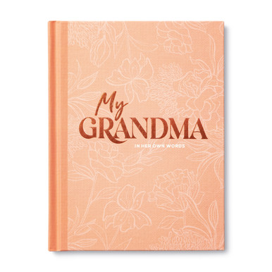 The front cover of "My Grandma: An interview journal to capture reflections in her own words". The cover design has an orange floral background with the title gold foiled in the center.