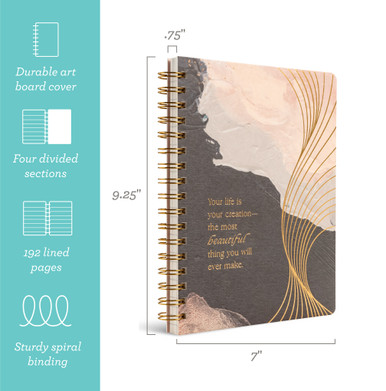 Front cover of spiral notebook with dimensions, 9.25"H x 7"W x .75"D. Icons running along the side calling out: durable art board cover, four divided sections, 192 college-ruled lined pages, sturdy spiral binding.