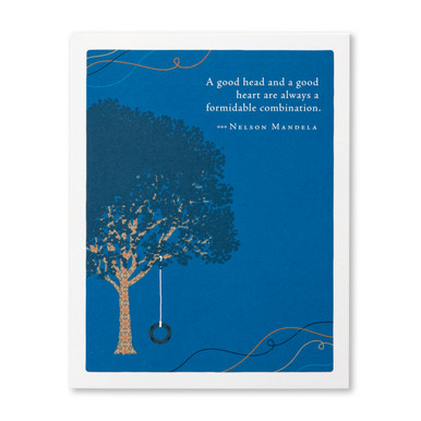 The front cover of this card features a blue background, with a tree on the left side, and a quote written on the top. 