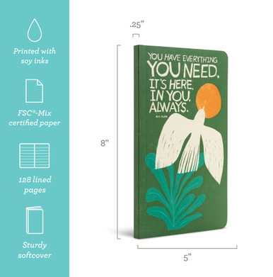 This image shows the front cover of the softcover journal with icons and copy highlighting that it's printed with soy inks, uses FSC-mix certified paper, 128 lined pages, and has a sturdy softcover. The journal is 8"H x 5"W.