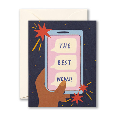 This image shows a congratulation card and envelope. The card front features an illustration of a smartphone receiving texts in three bold messages that read "THE, BEST, NEWS!"