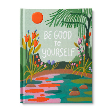 Cover image of the book "Be Good to Yourself", written by M.H. Clark and illustrated by Rafaela Pascotto. The cover design has a brightly colored park-like setting with a water feature and bright orange sun.