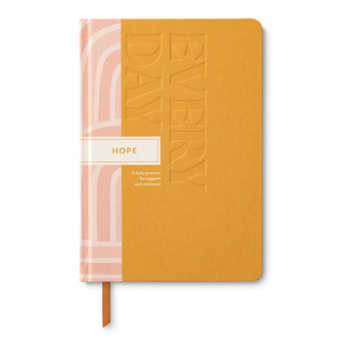 This image shows the front view of "Every Day Hope", a daily practice guided journal for support and resilience. The cover design is a bright yellow-orange, accented with light pink block design.