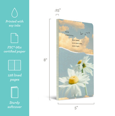 This image shows the front cover of the softcover journal with icons and copy highlighting that it's printed with soy inks, uses FSC-mix certified paper, 128 lined pages, and has a sturdy softcover. The journal is 8"H x 5"W.