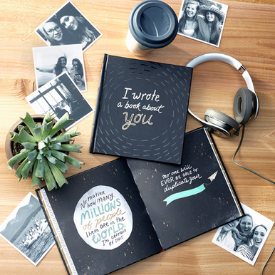 Lifestyle photo of the fill in gift book "I Wrote a Book About You." A fun, fill-in-the-blank personalized keepsake gift book for friends, family and loved ones. Book is open to a page that reads "No matter how many millions of people there are in the world. I'm certain of this: no one will ever be able to duplicate your [fill in the blank]."