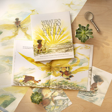 Lifestyle photo of the children's illustrated book "What Do You Do with a Chance" written by Kobi Yamada and illustrated by Mae Besom.