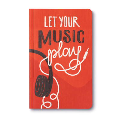 The front cover of this softcover journal features an illustration of headphones on a red background with the statement "Let your music play" typeset across the front.