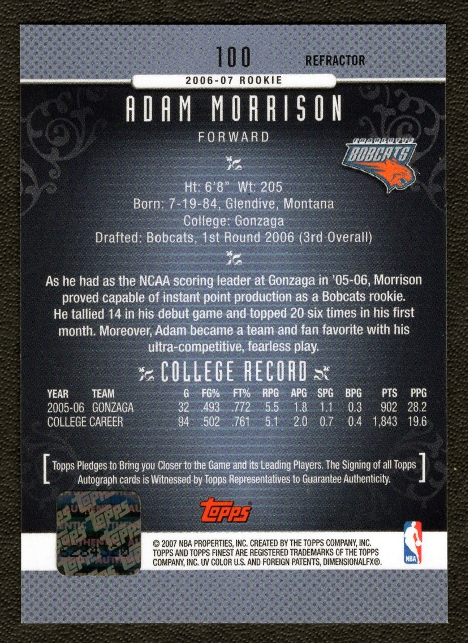 2006/07 Topps Finest #100 Adam Morrison Refractor Rookie Autograph