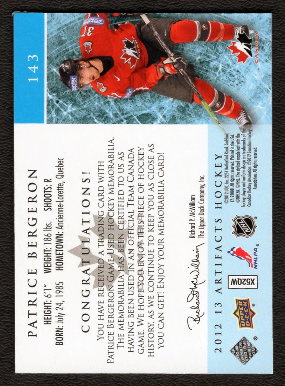 2012-13 Upper Deck Artifacts #143 Patrice Bergeron Dual Game Worn Jersey Relic 018/125