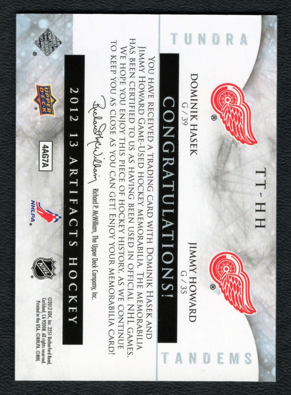 2012-13 Upper Deck Artifacts #TT-HH Dominik Hasek / Jimmy Howard Tundra Tandems Dual Game Worn Jersey Relic