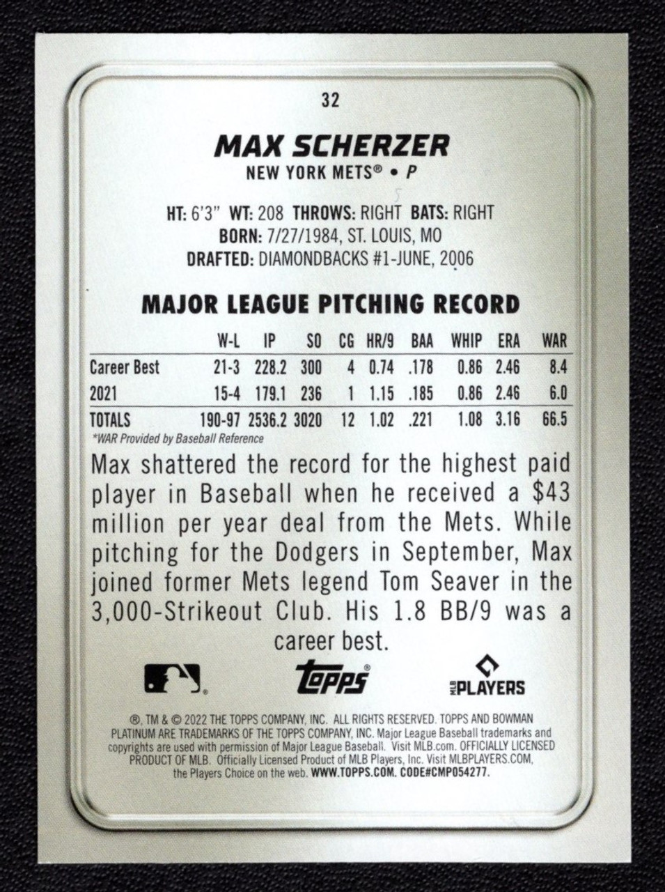 2022 Bowman Platinum #32 Max Scherzer Green Ice Parallel 210/299