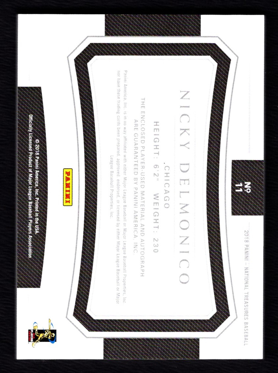 2018 Panini National Treasures #11 Nicky Delmonico Rookie Material Signatures Jersey Autograph 28/99