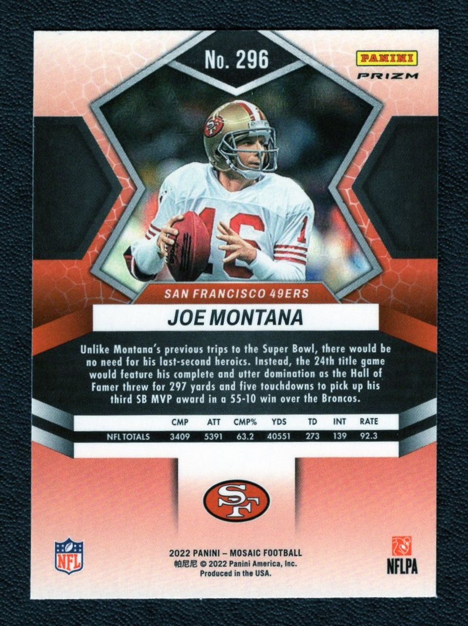 2020 Panini Mosaic #296 Joe Montana Super Bowl XXIV MVP Orange Reactive Prizm