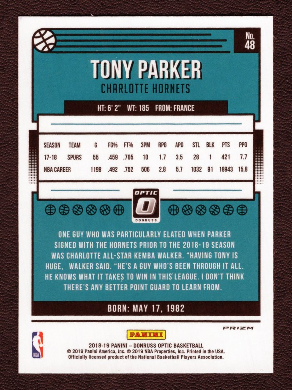 2018/19 Panini Donruss Optic #48 Tony Parker Fast Break Silver Prizm