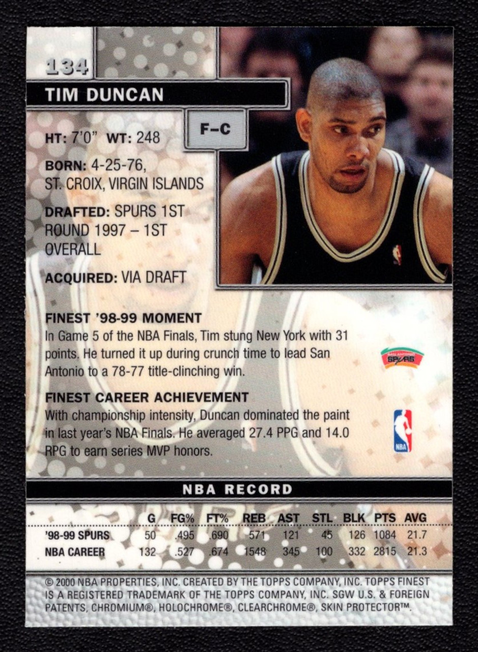 1999/2000 Topps Finest #134 Tim Duncan With Coating 